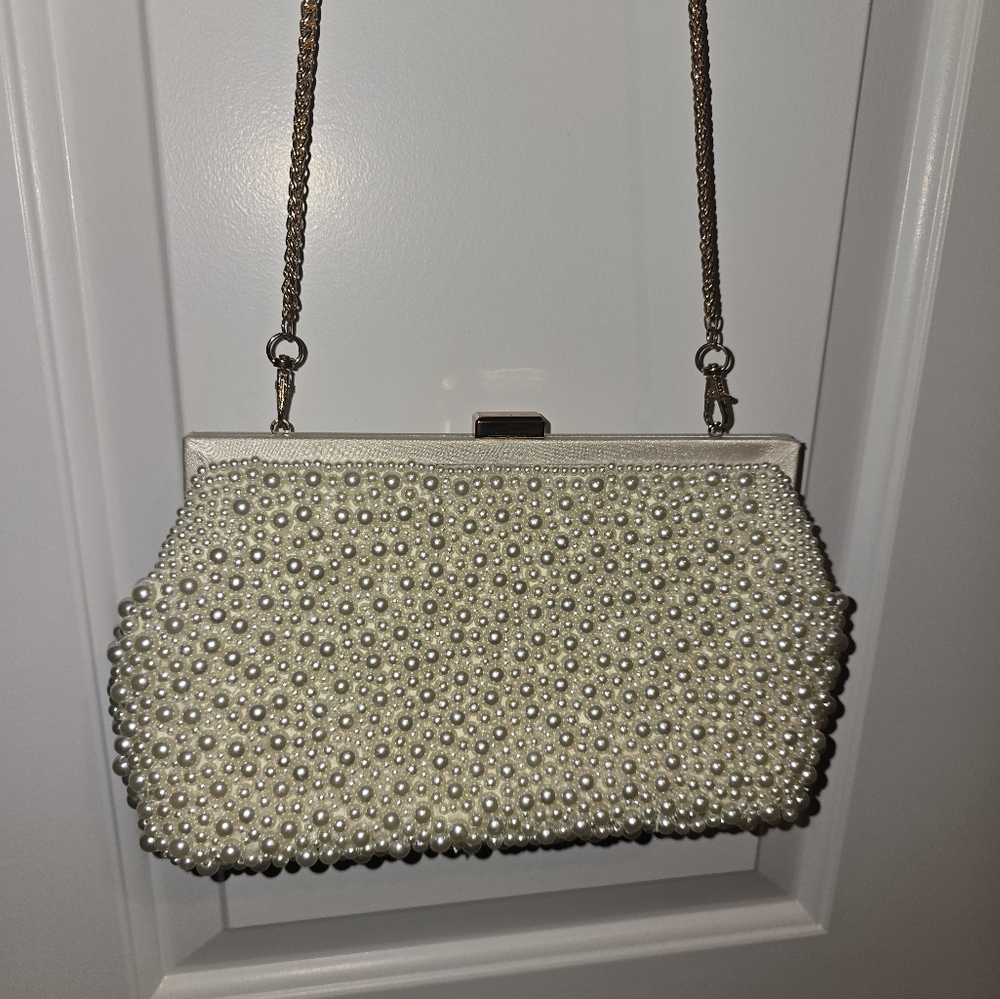 Aqua Pearl-Studded White Clutch, Wedding Handbag, Engagment Handbag